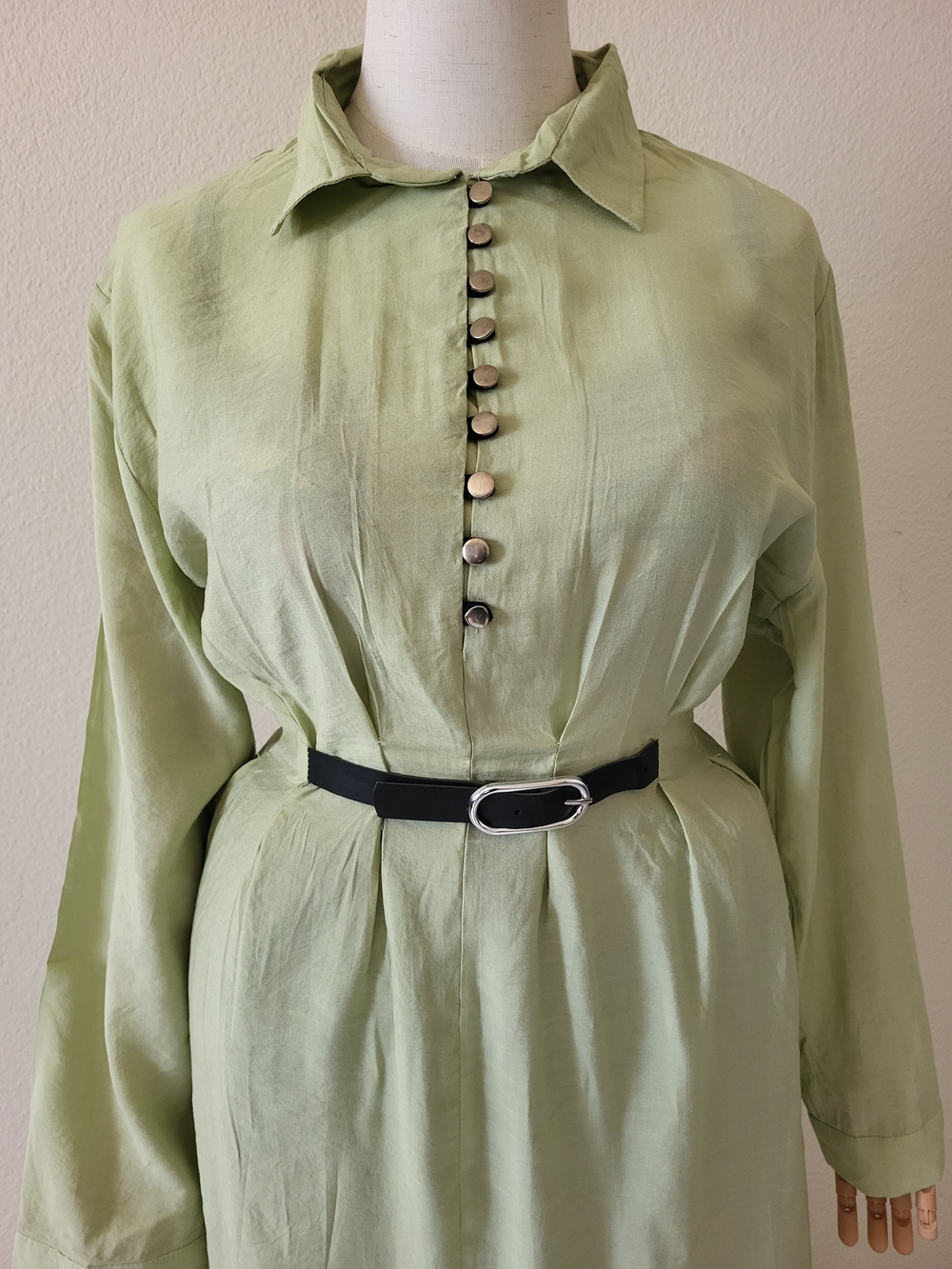 Modest Dress- Button-Down Belted Maxi Dress Pistachio Size M - Picture 5 of 7